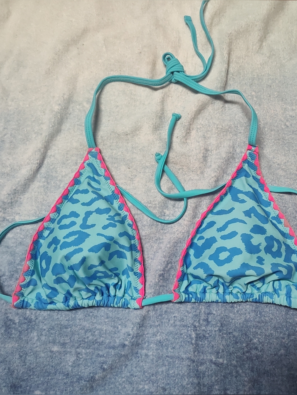 Sky Blue Leopard Triangle Bikini Top with Pink Scallop Trim